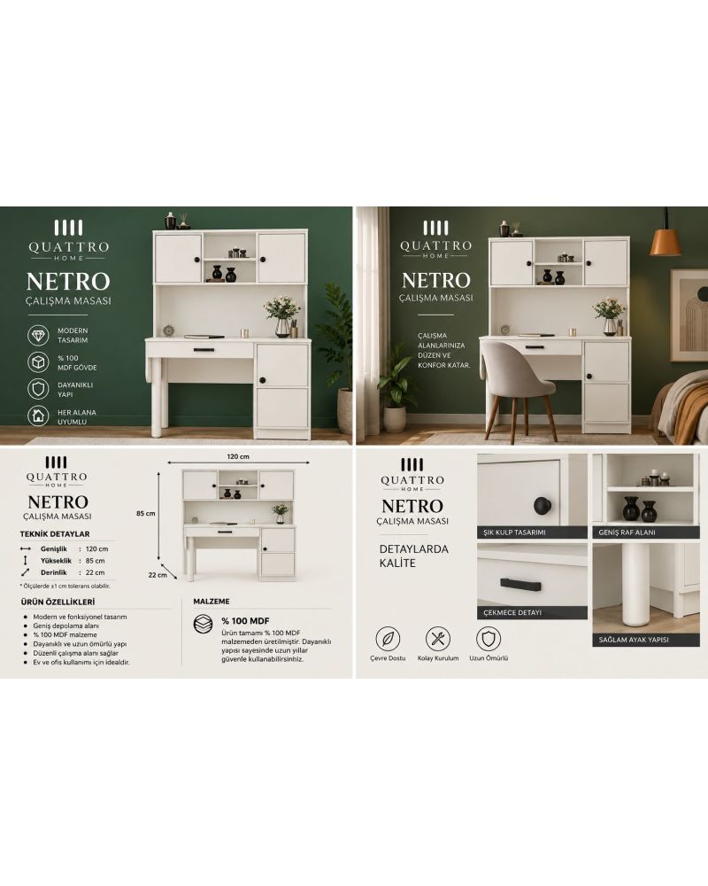 NETRO KİTAPLIKLI ÇALIŞMA MASASI- %100 MDF