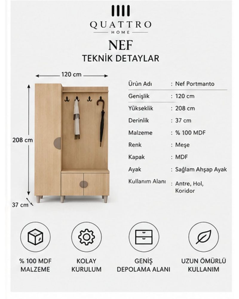 NEF GENİŞ VESTİYER-Genişlik: 120 cm Yükseklik: 208 cm Derinlik: 37 cm- %100 MDF