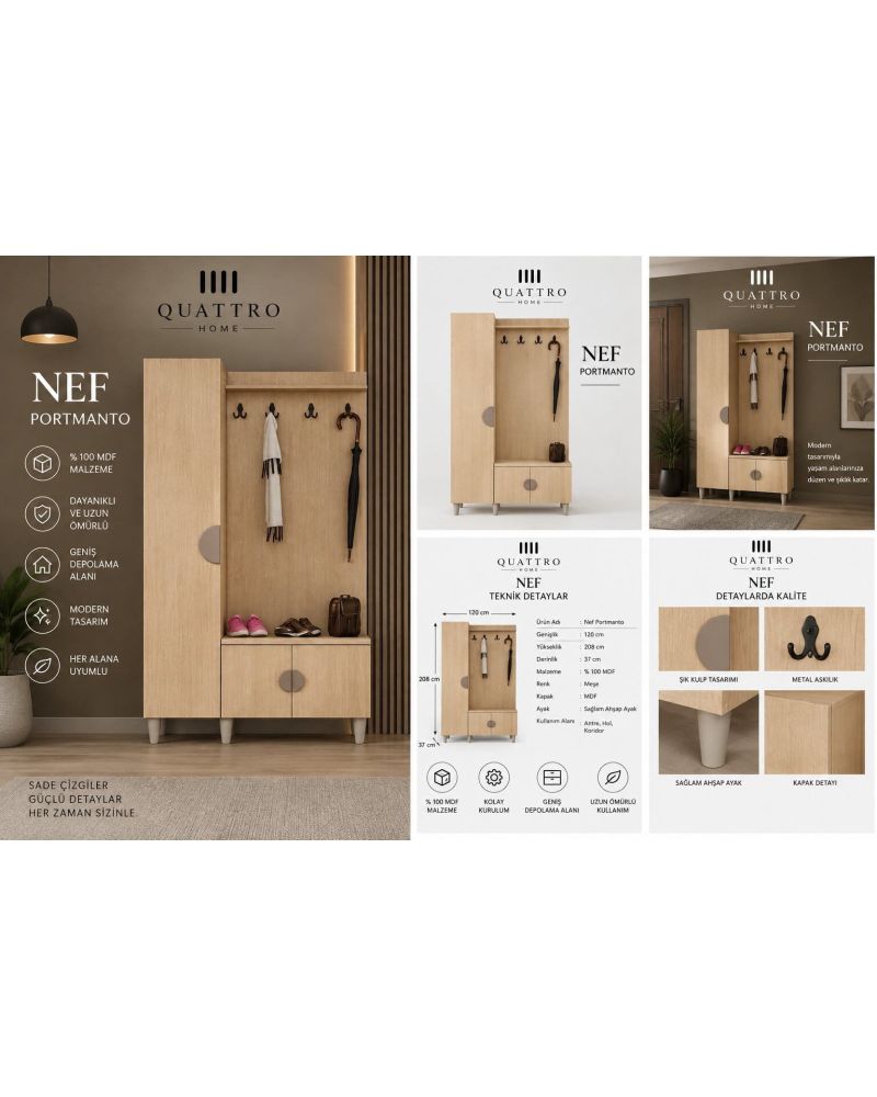 NEF GENİŞ VESTİYER-Genişlik: 120 cm Yükseklik: 208 cm Derinlik: 37 cm- %100 MDF