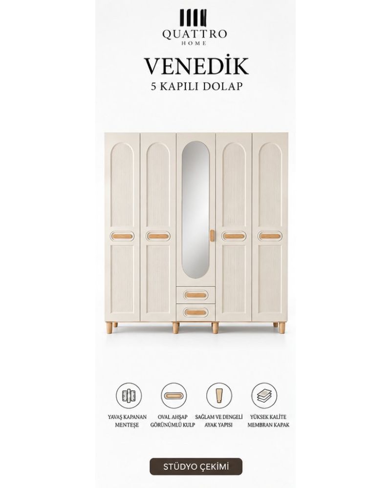 VENEDİK 5 KAPAKLI DOLAP -Genişlik: 200 cm Yükseklik: 208 cm Derinlik: 54 cm-% 100 MDF