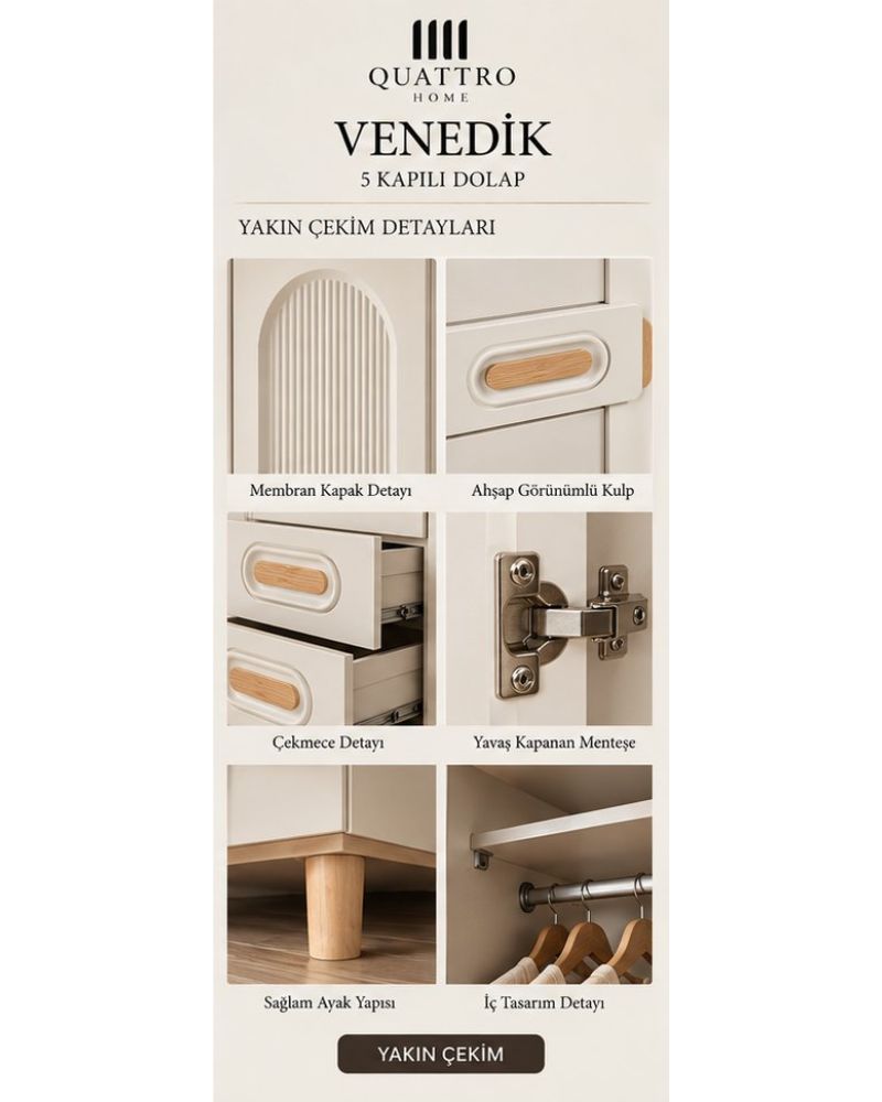 VENEDİK 5 KAPAKLI DOLAP -Genişlik: 200 cm Yükseklik: 208 cm Derinlik: 54 cm-% 100 MDF