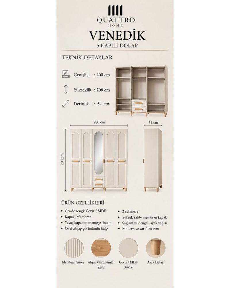 VENEDİK 5 KAPAKLI DOLAP -Genişlik: 200 cm Yükseklik: 208 cm Derinlik: 54 cm-% 100 MDF