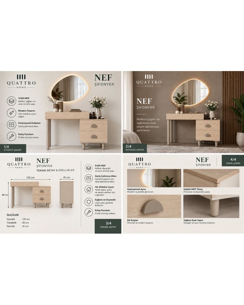 NEF MAKYAJ ODASI-Genişlik: 120 cm Yükseklik: 80 cm Derinlik: 41 cm- %100 MDF