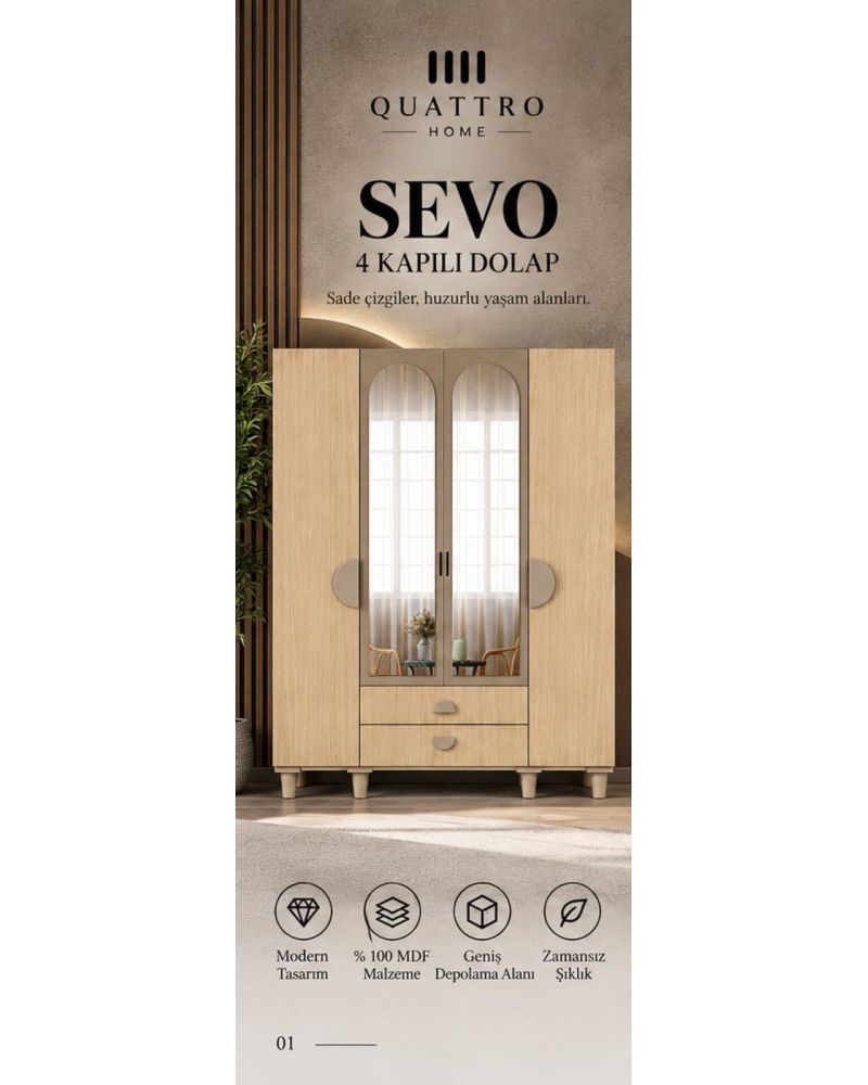 SEVO 4 KAPAKLI DOLAP-Genişlik: 160 cm Yükseklik: 208 cm Derinlik: 54 cm-%100 MDF