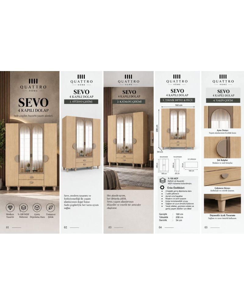 SEVO 4 KAPAKLI DOLAP-Genişlik: 160 cm Yükseklik: 208 cm Derinlik: 54 cm-%100 MDF