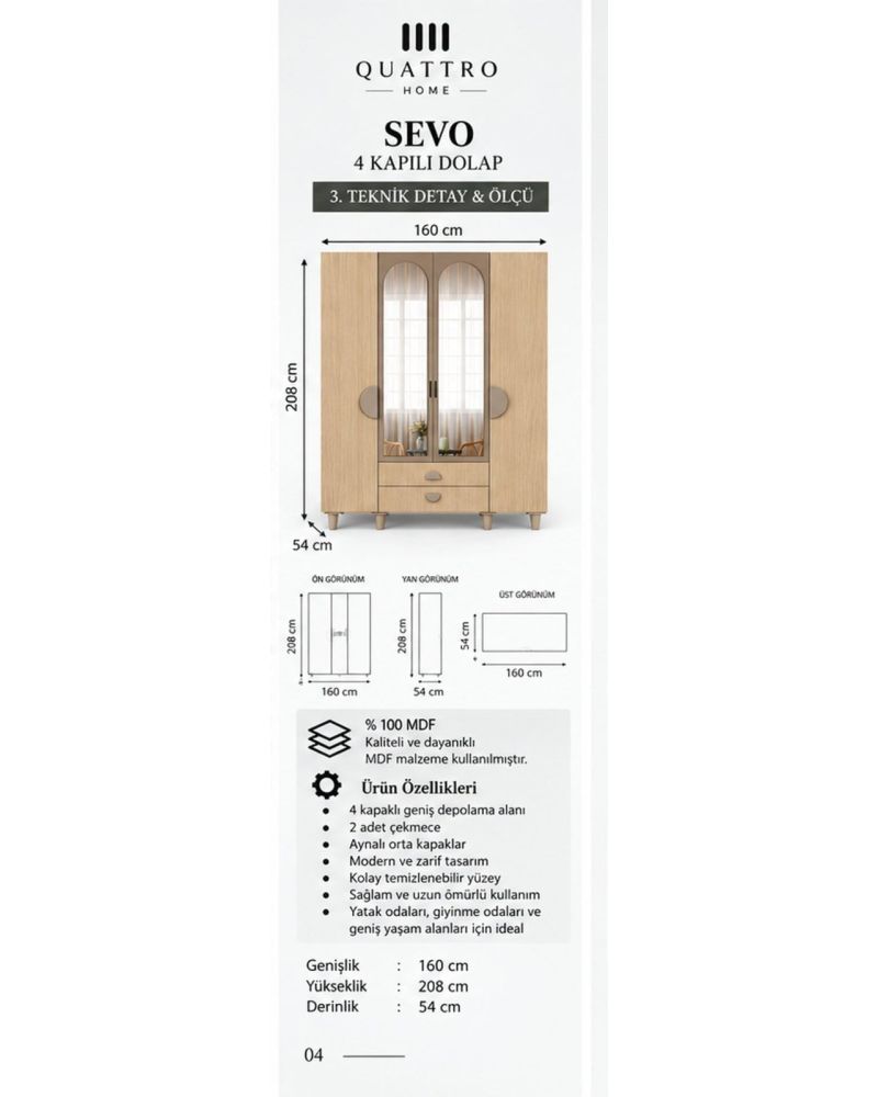 SEVO 4 KAPAKLI DOLAP-Genişlik: 160 cm Yükseklik: 208 cm Derinlik: 54 cm-%100 MDF
