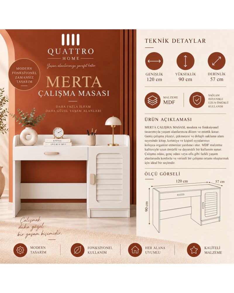 MERTA ÇALIŞMA MASASI-%100 MDF-Genişlik: 120 cm Yükseklik: 90 cm Derinlik: 57 cm