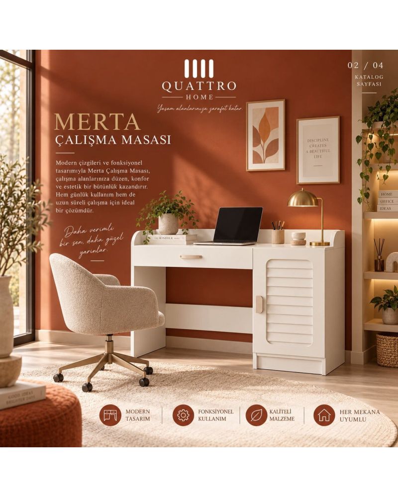 MERTA ÇALIŞMA MASASI-%100 MDF-Genişlik: 120 cm Yükseklik: 90 cm Derinlik: 57 cm