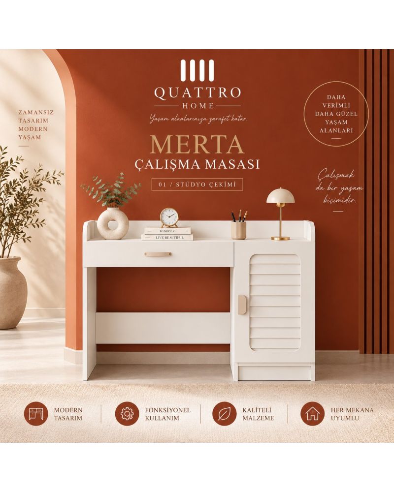 MERTA ÇALIŞMA MASASI-%100 MDF-Genişlik: 120 cm Yükseklik: 90 cm Derinlik: 57 cm
