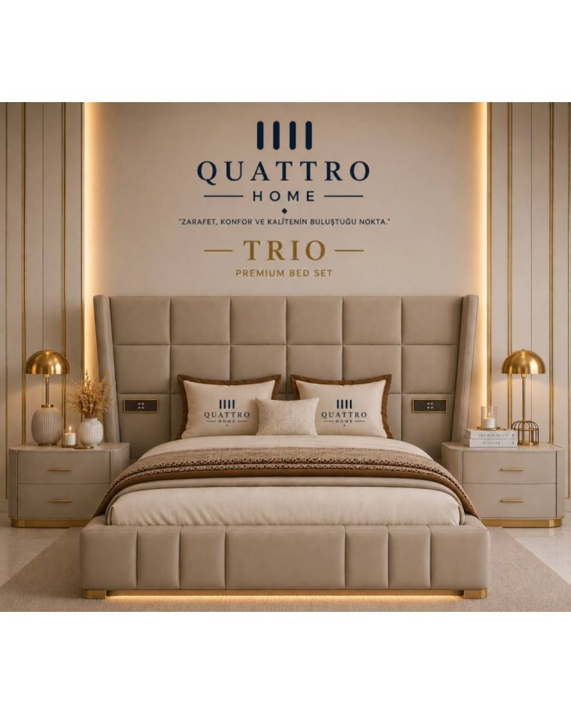 Trio Premium Çift Kişilik Baza ve Başlık Seti – Bej ve Gold Detaylı
