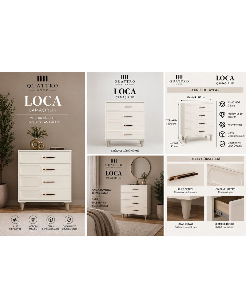 LOCA ŞİFONYER ÇEKMECELİ-Genişlik: 80 cm Yükseklik: 100 cm Derinlik: 41 cm-%100 MDF