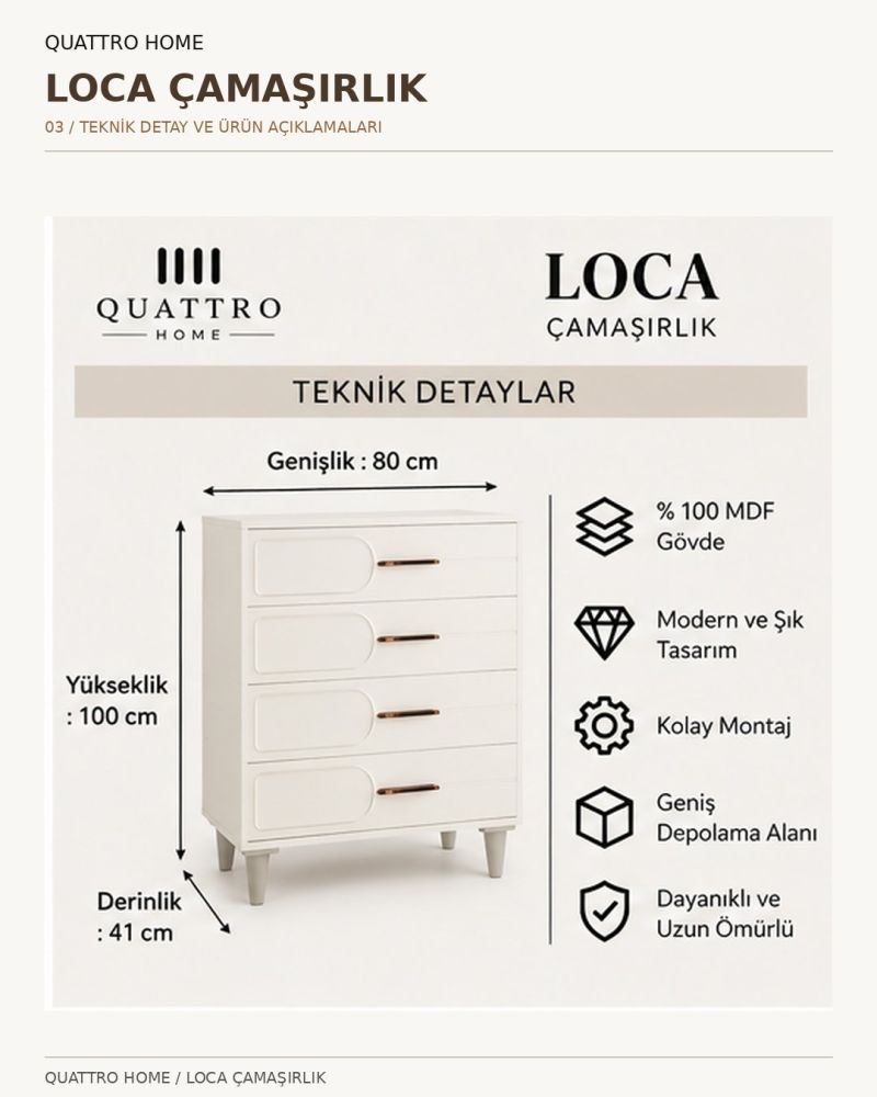 LOCA ŞİFONYER ÇEKMECELİ-Genişlik: 80 cm Yükseklik: 100 cm Derinlik: 41 cm-%100 MDF