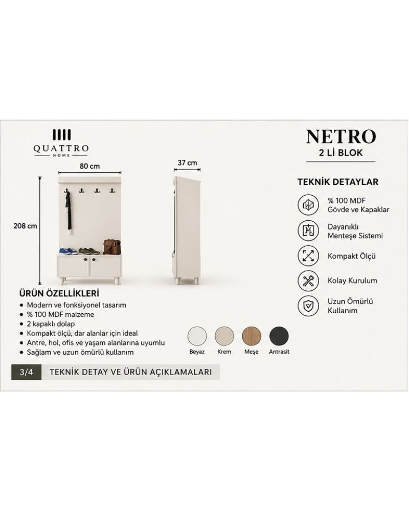NETRO VESTİYER BEYAZ -Genişlik: 80 cm Yükseklik: 208 cm Derinlik: 37 cm-%100 MDF