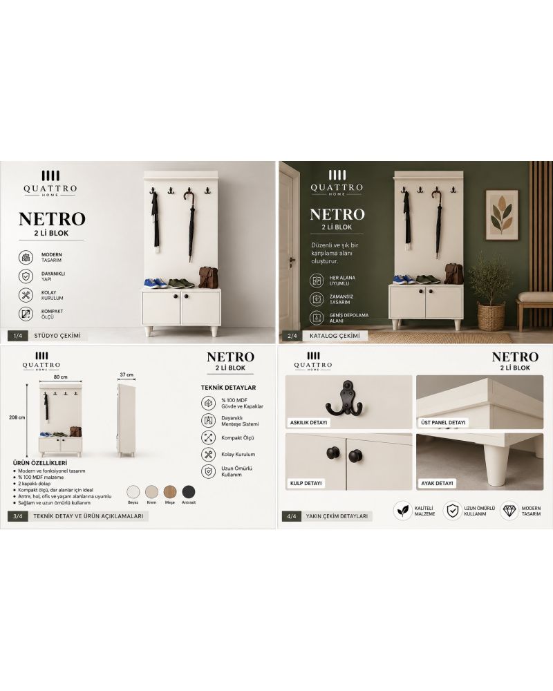 NETRO VESTİYER BEYAZ -Genişlik: 80 cm Yükseklik: 208 cm Derinlik: 37 cm-%100 MDF