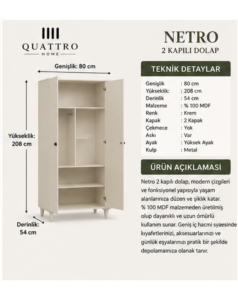NETRO 2 KAPAKLI DOLAP -Genişlik: 80 cm Yükseklik: 208 cm Derinlik: 54 cm-%100 MDF