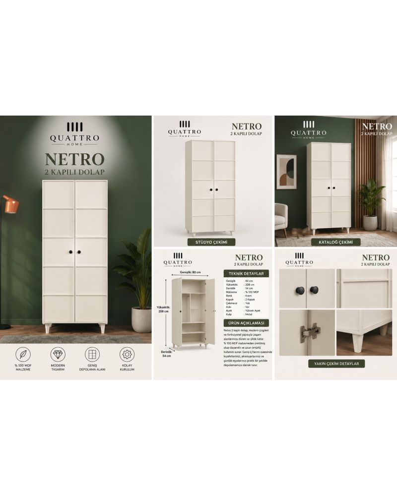 NETRO 2 KAPAKLI DOLAP -Genişlik: 80 cm Yükseklik: 208 cm Derinlik: 54 cm-%100 MDF