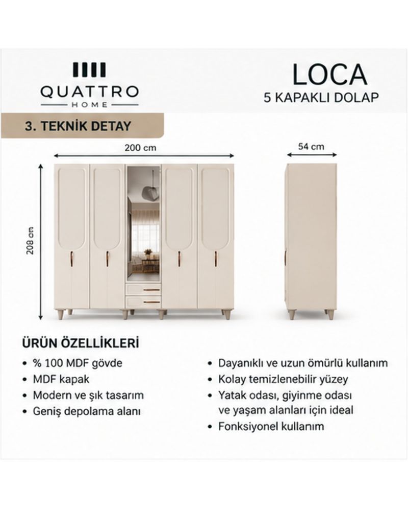 LOCA 5 KAPAKLI DOLAP-Genişlik: 200 cm Yükseklik: 208 cm Derinlik: 54 cm -%100 MDF