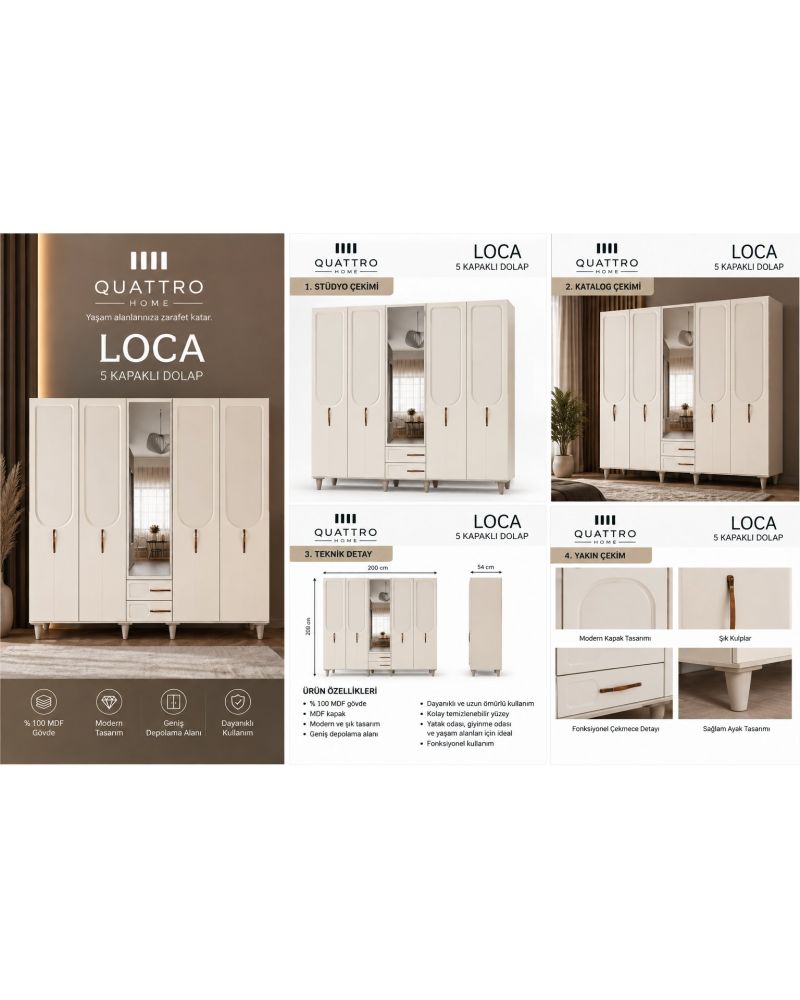 LOCA 5 KAPAKLI DOLAP-Genişlik: 200 cm Yükseklik: 208 cm Derinlik: 54 cm -%100 MDF