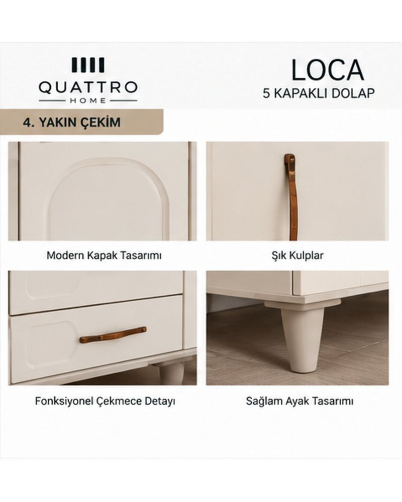 LOCA 5 KAPAKLI DOLAP-Genişlik: 200 cm Yükseklik: 208 cm Derinlik: 54 cm -%100 MDF