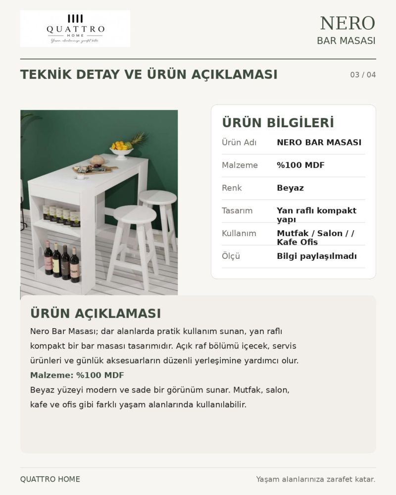 NERO BAR MASASI -Genişlik: 120 cm Yükseklik: 90 cm Derinlik: 50 cm -%100 MDF