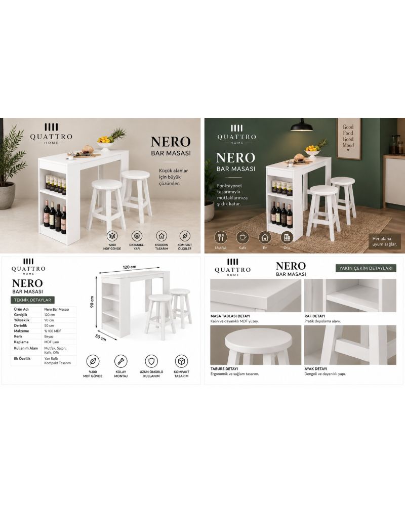 NERO BAR MASASI -Genişlik: 120 cm Yükseklik: 90 cm Derinlik: 50 cm -%100 MDF