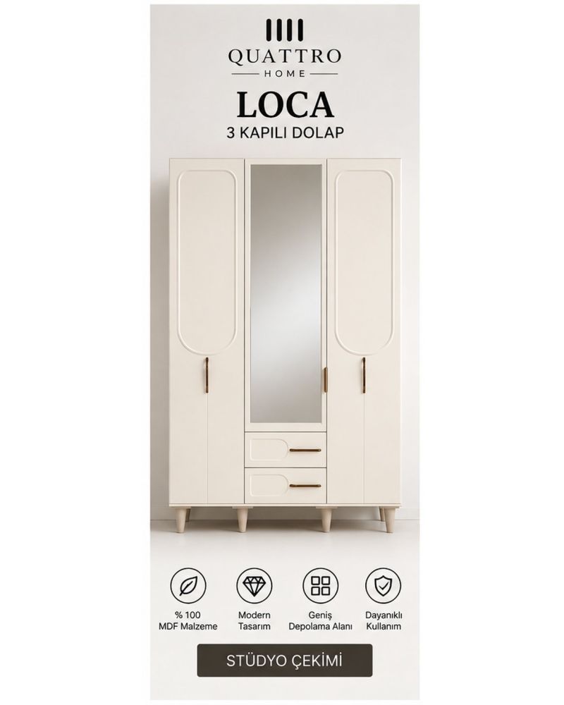 LOCA 3 KAPAKLI DOLAP-Genişlik: 120 cm Yükseklik: 208 cm Derinlik: 54 cm-%100 MDF