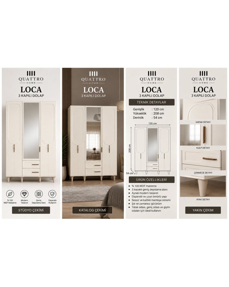 LOCA 3 KAPAKLI DOLAP-Genişlik: 120 cm Yükseklik: 208 cm Derinlik: 54 cm-%100 MDF