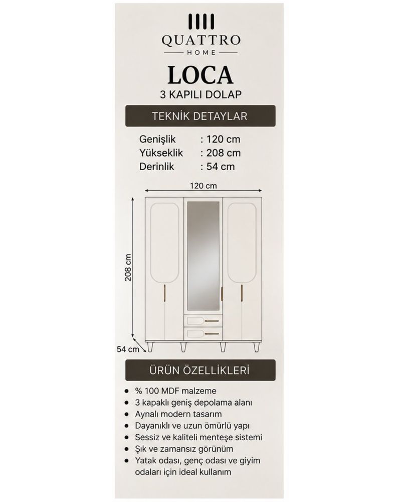 LOCA 3 KAPAKLI DOLAP-Genişlik: 120 cm Yükseklik: 208 cm Derinlik: 54 cm-%100 MDF