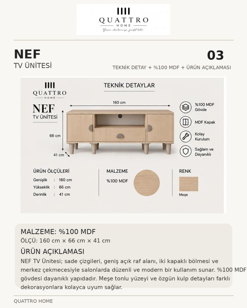 NEF TV ÜNİTESİ SEHPASI-Genişlik: 160 cm Yükseklik: 66 cm Derinlik: 41 cm-%100 MDF
