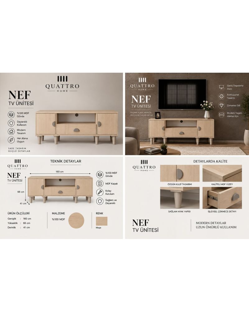 NEF TV ÜNİTESİ SEHPASI-Genişlik: 160 cm Yükseklik: 66 cm Derinlik: 41 cm-%100 MDF