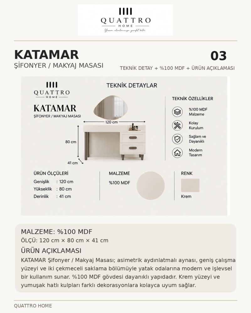 KATAMAR AYNALI MAKYAJ MASASI-Genişlik: 120 cm Yükseklik: 80 cm Derinlik: 41 cm- %100 MDF