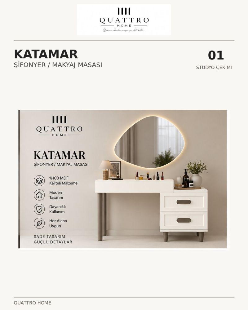 KATAMAR AYNALI MAKYAJ MASASI-Genişlik: 120 cm Yükseklik: 80 cm Derinlik: 41 cm- %100 MDF