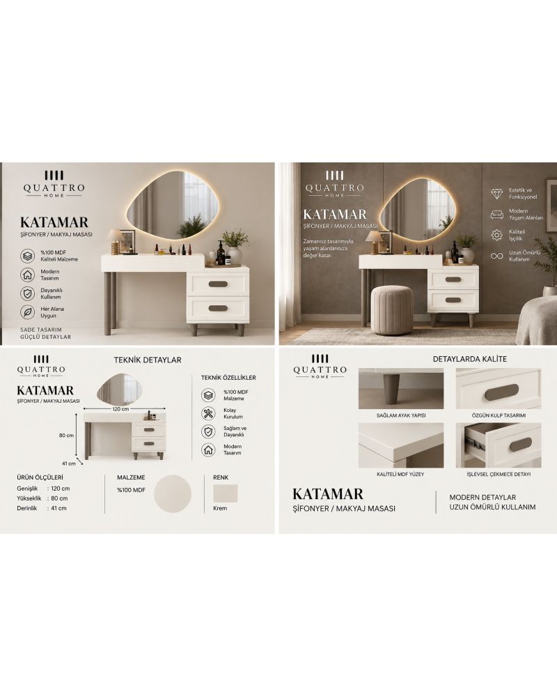 KATAMAR AYNALI MAKYAJ MASASI-Genişlik: 120 cm Yükseklik: 80 cm Derinlik: 41 cm- %100 MDF
