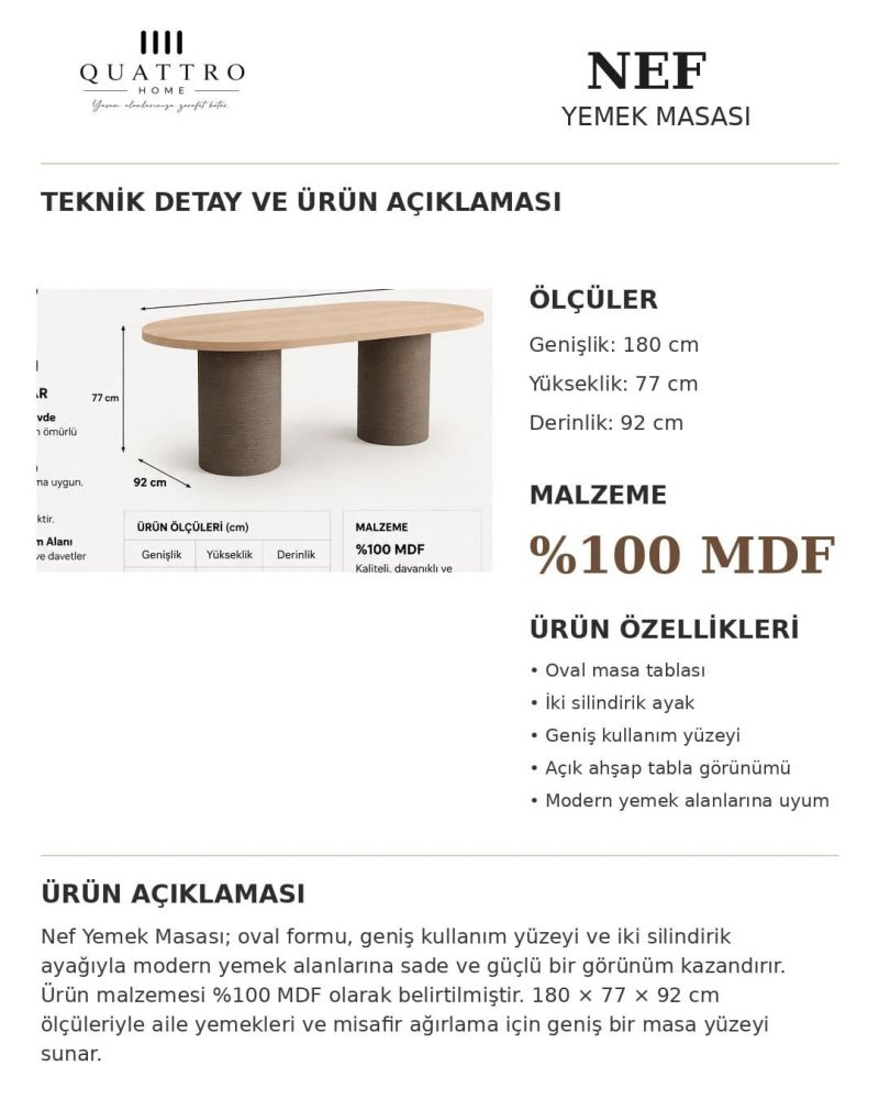 NEF YEMEK MASASI OVAL-%100 MDF --Genişlik: 180 cm Yükseklik: 77 cm Derinlik: 92 cm