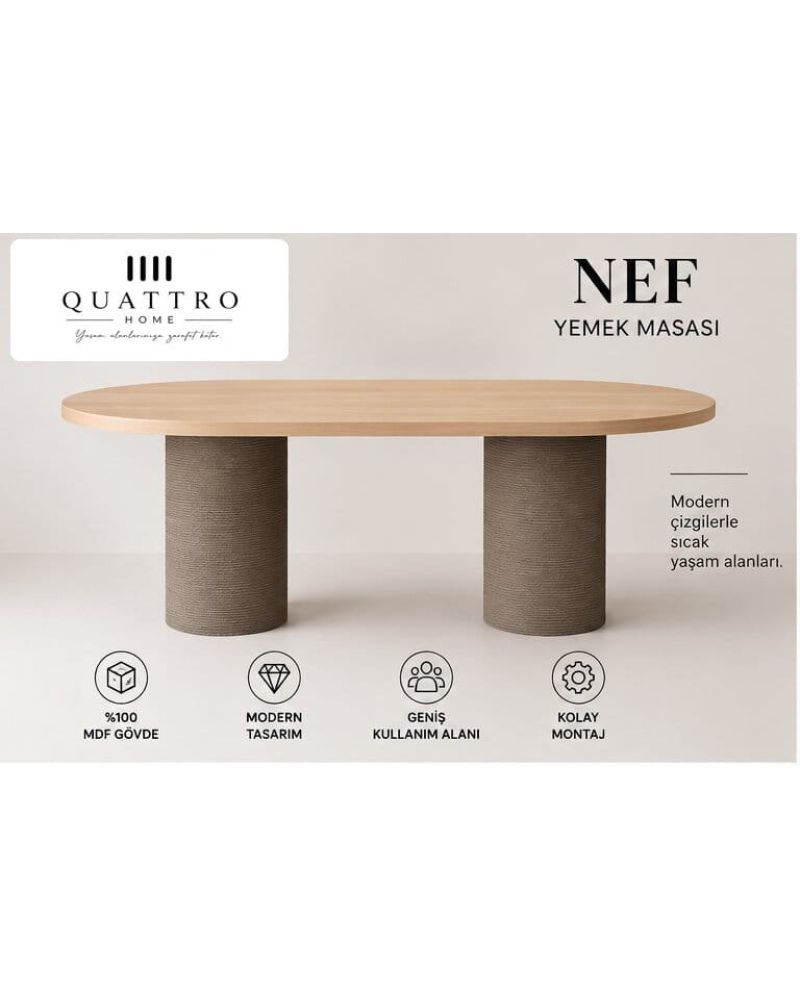 NEF YEMEK MASASI OVAL-%100 MDF --Genişlik: 180 cm Yükseklik: 77 cm Derinlik: 92 cm