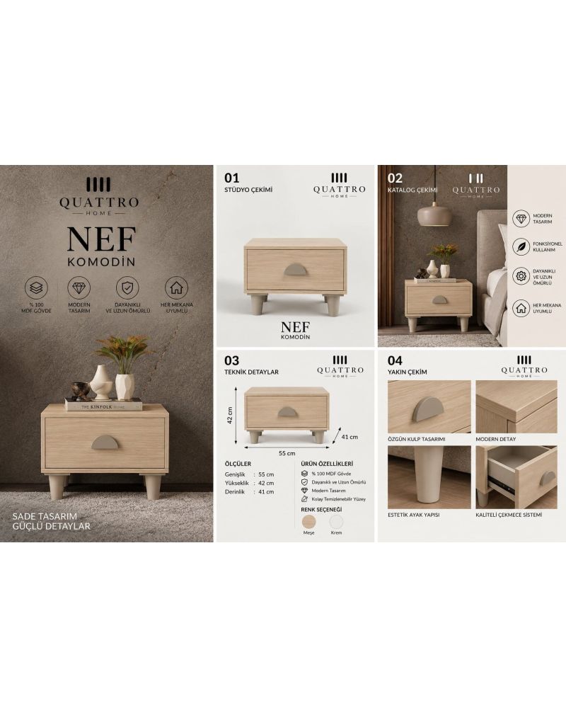 NEF KOMODİN ÇEKMECELİ -Genişlik: 55 cm Yükseklik: 42 cm Derinlik: 41 cm-%100 MDF