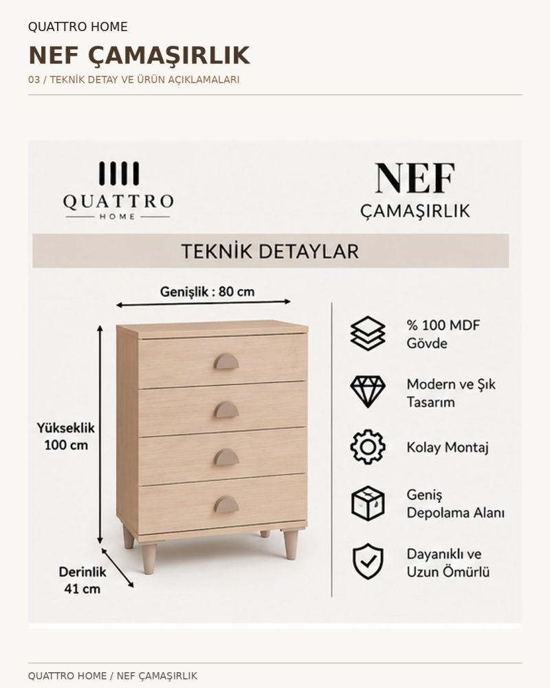 NEF ÇEKMECELİ ÇAMAŞIRLIK -Genişlik: 80 cm Yükseklik: 100 cm Derinlik: 41 cm-%100 MDF