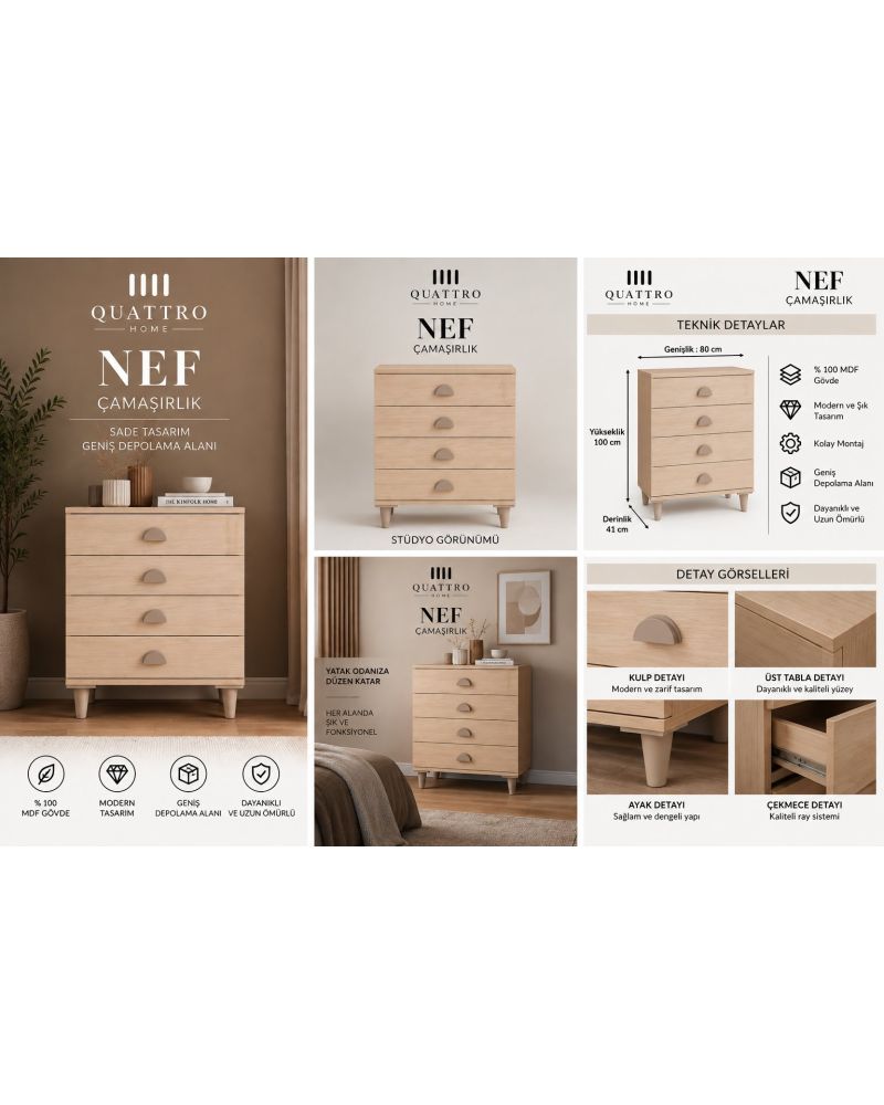 NEF ÇEKMECELİ ÇAMAŞIRLIK -Genişlik: 80 cm Yükseklik: 100 cm Derinlik: 41 cm-%100 MDF