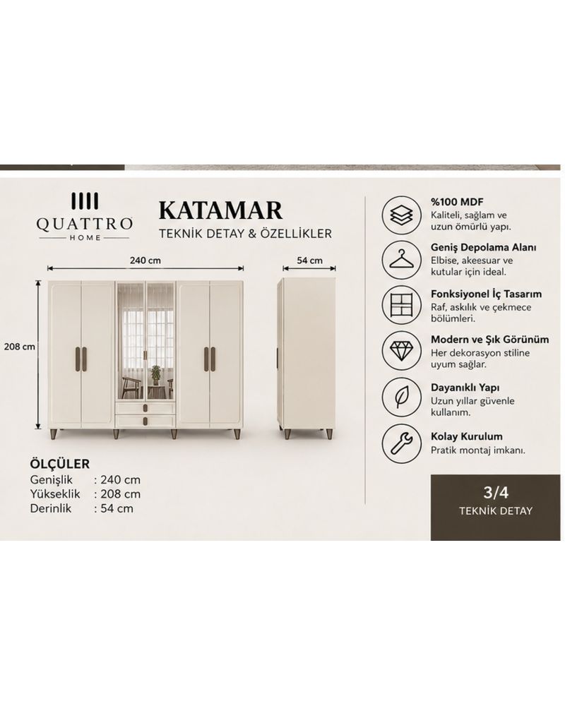 KATAMAR 6 KAPAKLI DOLAP-Genişlik: 240 cm Yükseklik: 208 cm Derinlik: 54 cm-%100 MDF