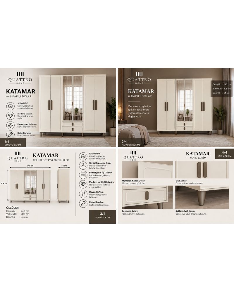 KATAMAR 6 KAPAKLI DOLAP-Genişlik: 240 cm Yükseklik: 208 cm Derinlik: 54 cm-%100 MDF