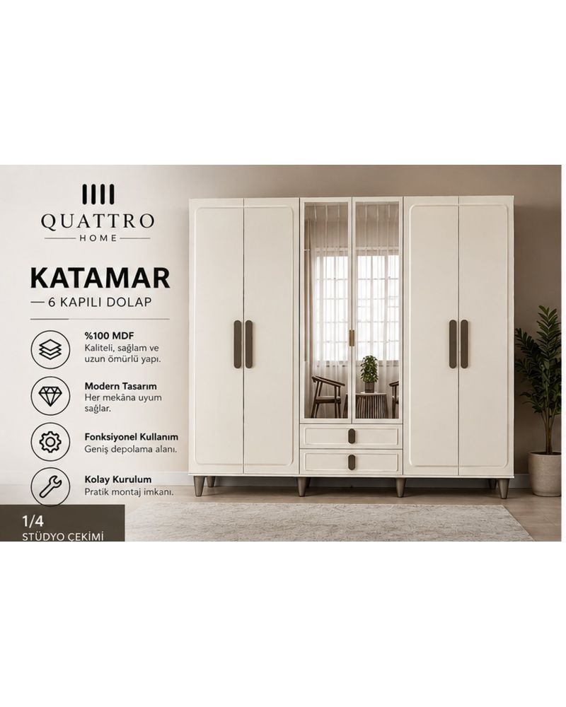 KATAMAR 6 KAPAKLI DOLAP-Genişlik: 240 cm Yükseklik: 208 cm Derinlik: 54 cm-%100 MDF