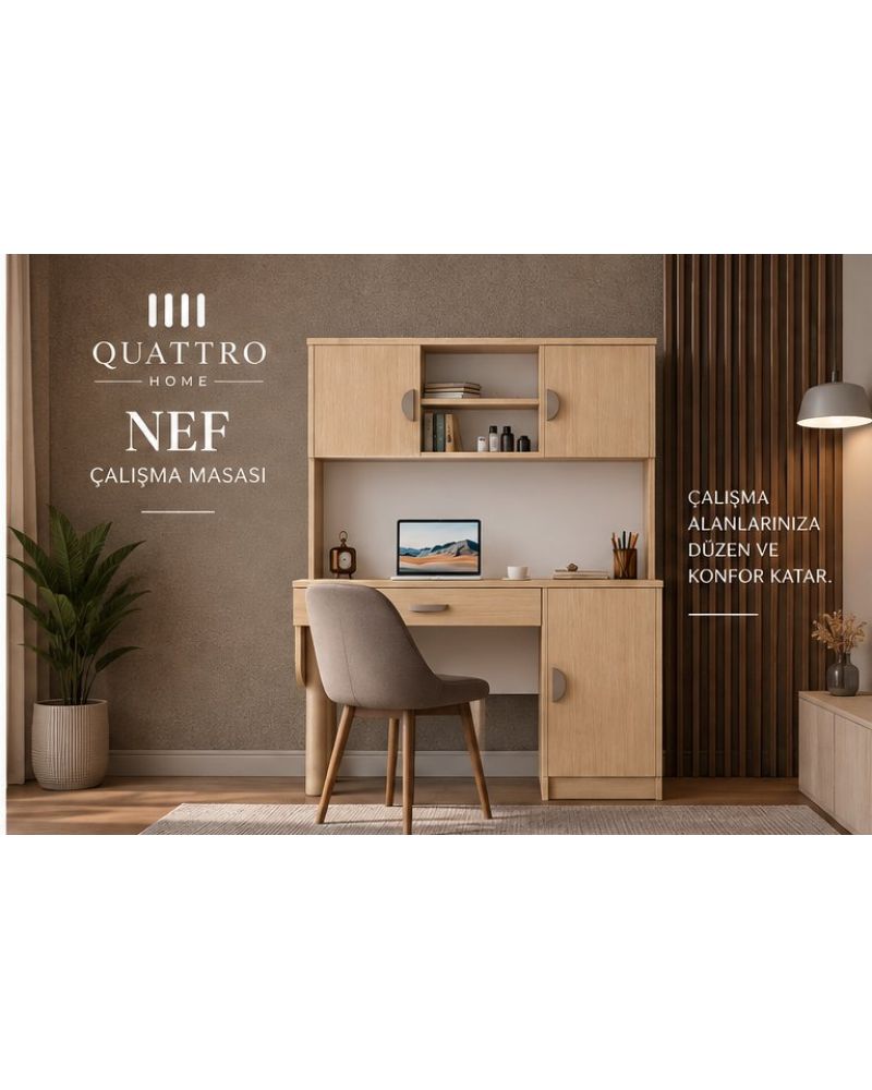 NEF KİTAPLIKLI ÇALIŞMA MASASI - %100 MDF -Genişlik: 120 cm Üst bölüm yüksekliği: 85 cm Üst bölüm derinliği: 22 cm