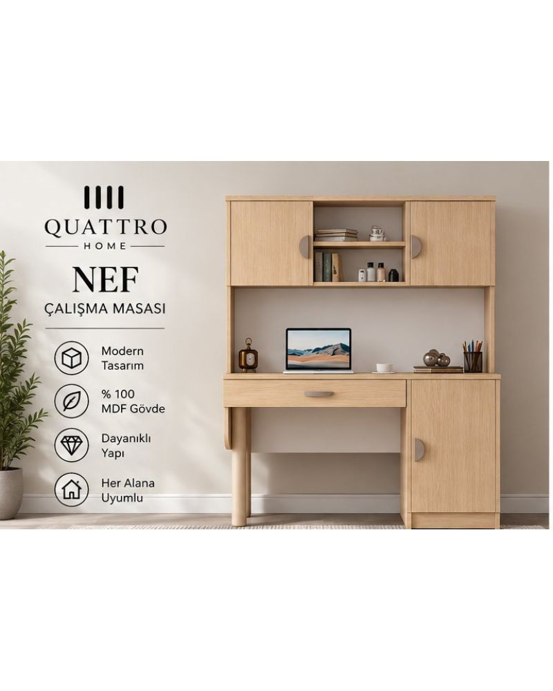 NEF KİTAPLIKLI ÇALIŞMA MASASI - %100 MDF -Genişlik: 120 cm Üst bölüm yüksekliği: 85 cm Üst bölüm derinliği: 22 cm
