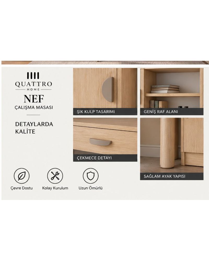 NEF KİTAPLIKLI ÇALIŞMA MASASI - %100 MDF -Genişlik: 120 cm Üst bölüm yüksekliği: 85 cm Üst bölüm derinliği: 22 cm