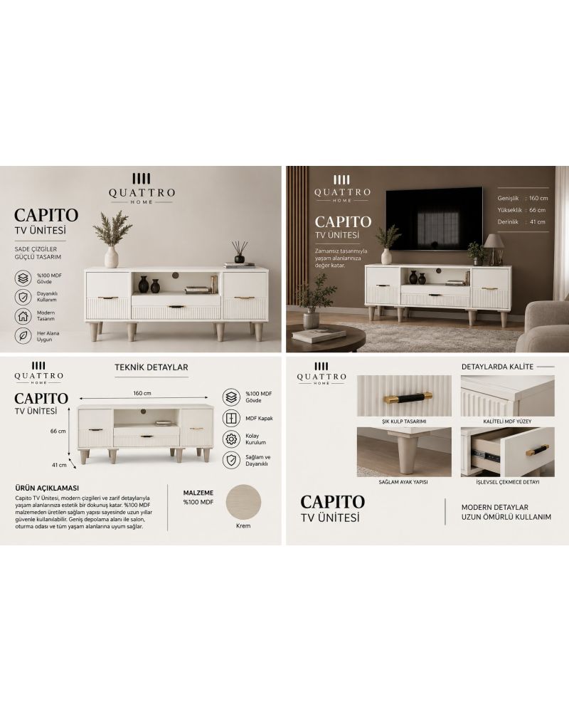 CAPITO TV ÜNİTESİ -Genişlik 160 cm × Yükseklik 66 cm × Derinlik 41 cm-%100 MDF