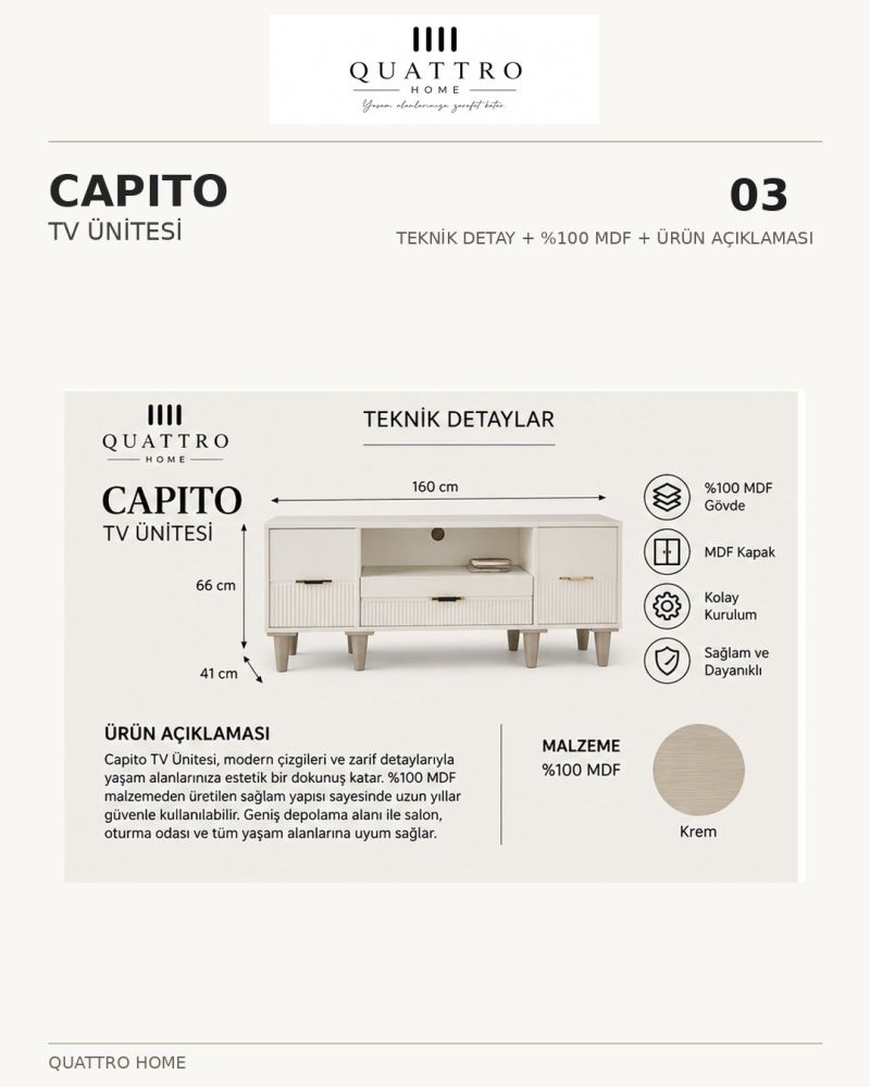 CAPITO TV ÜNİTESİ -Genişlik 160 cm × Yükseklik 66 cm × Derinlik 41 cm-%100 MDF