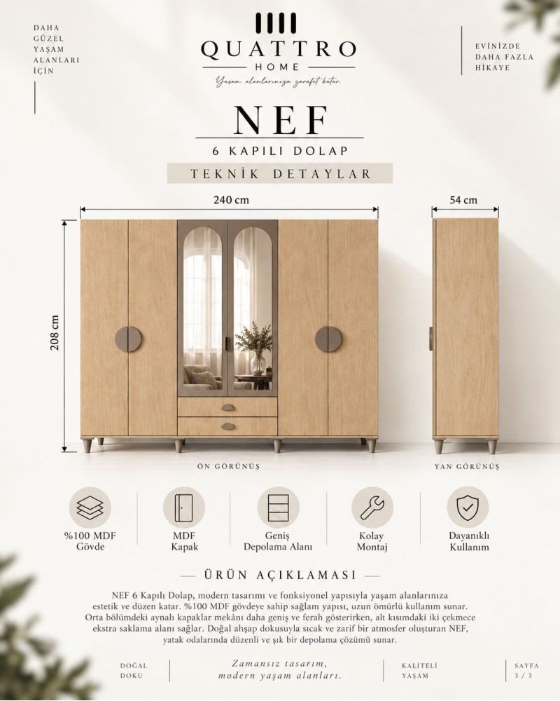 NEF 6 KAPAKLI DOLAP-Genişlik: 240 cm Yükseklik: 208 cm Derinlik: 54 cm- %100 MDF