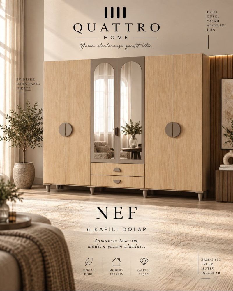 NEF 6 KAPAKLI DOLAP-Genişlik: 240 cm Yükseklik: 208 cm Derinlik: 54 cm- %100 MDF