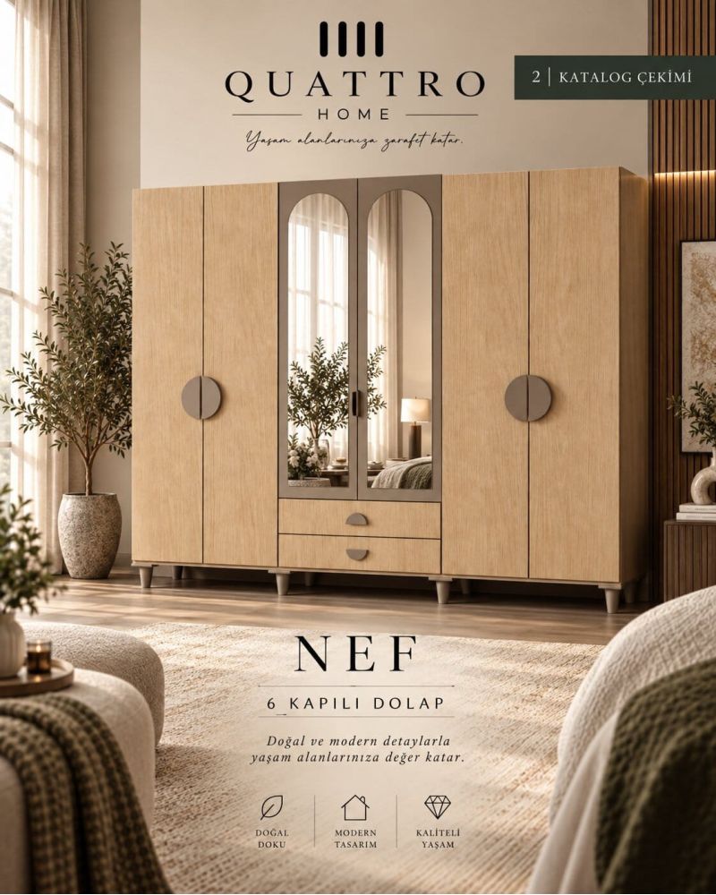 NEF 6 KAPAKLI DOLAP-Genişlik: 240 cm Yükseklik: 208 cm Derinlik: 54 cm- %100 MDF