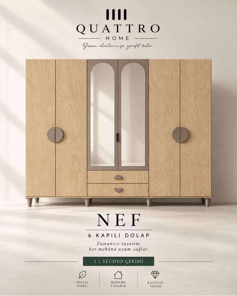 NEF 6 KAPAKLI DOLAP-Genişlik: 240 cm Yükseklik: 208 cm Derinlik: 54 cm- %100 MDF